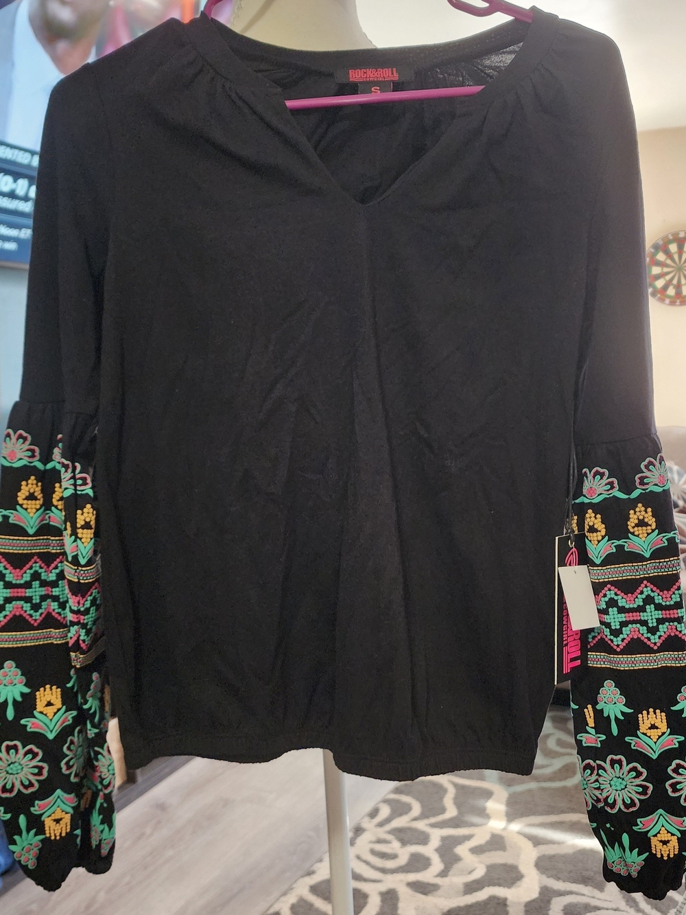 Rock & Roll Cowgirl Black Tunic with Colorful Embroidered Sleeves Sz Small NWT